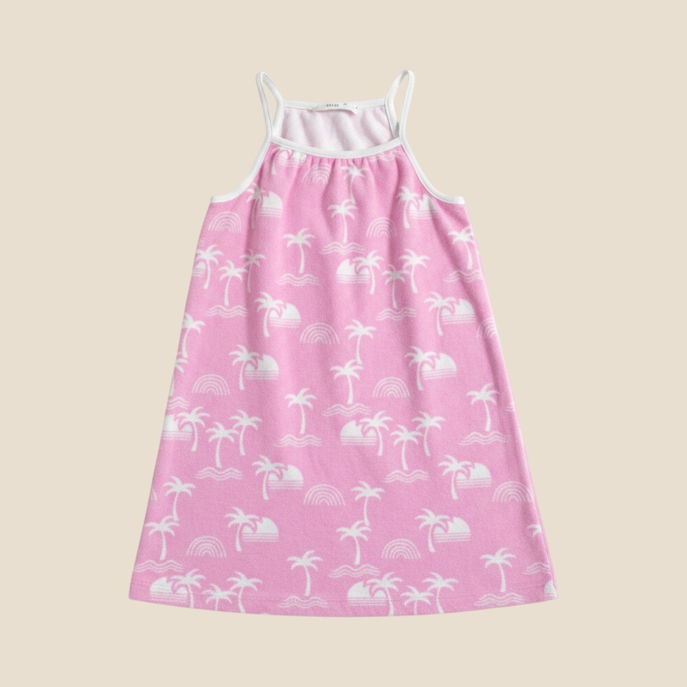 M&S Kids Pink Terry Cloth Palm Tree Beach Cover‎ Up Dress Halter Neck Summer